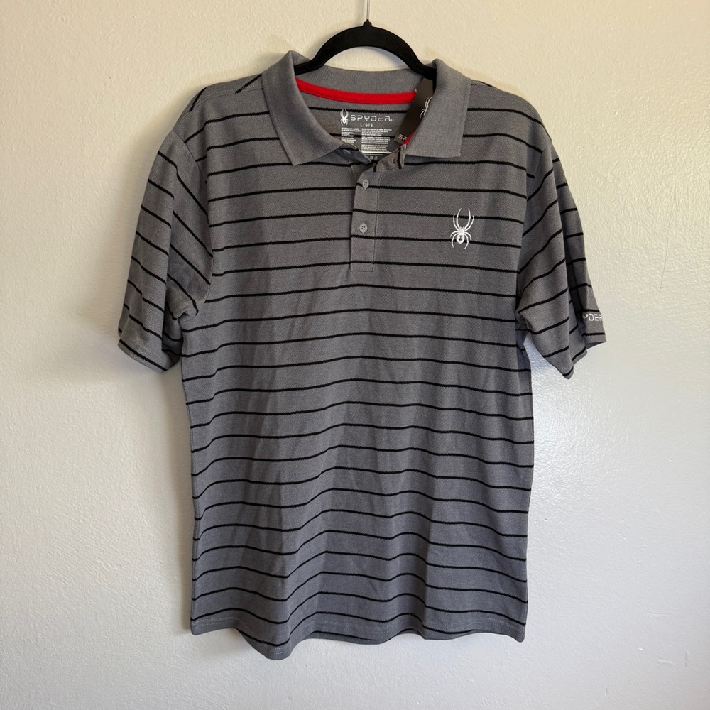 NWT Spyder Men’s Polo Shirt Gray Black Striped Spider Logo Embroidered Large
